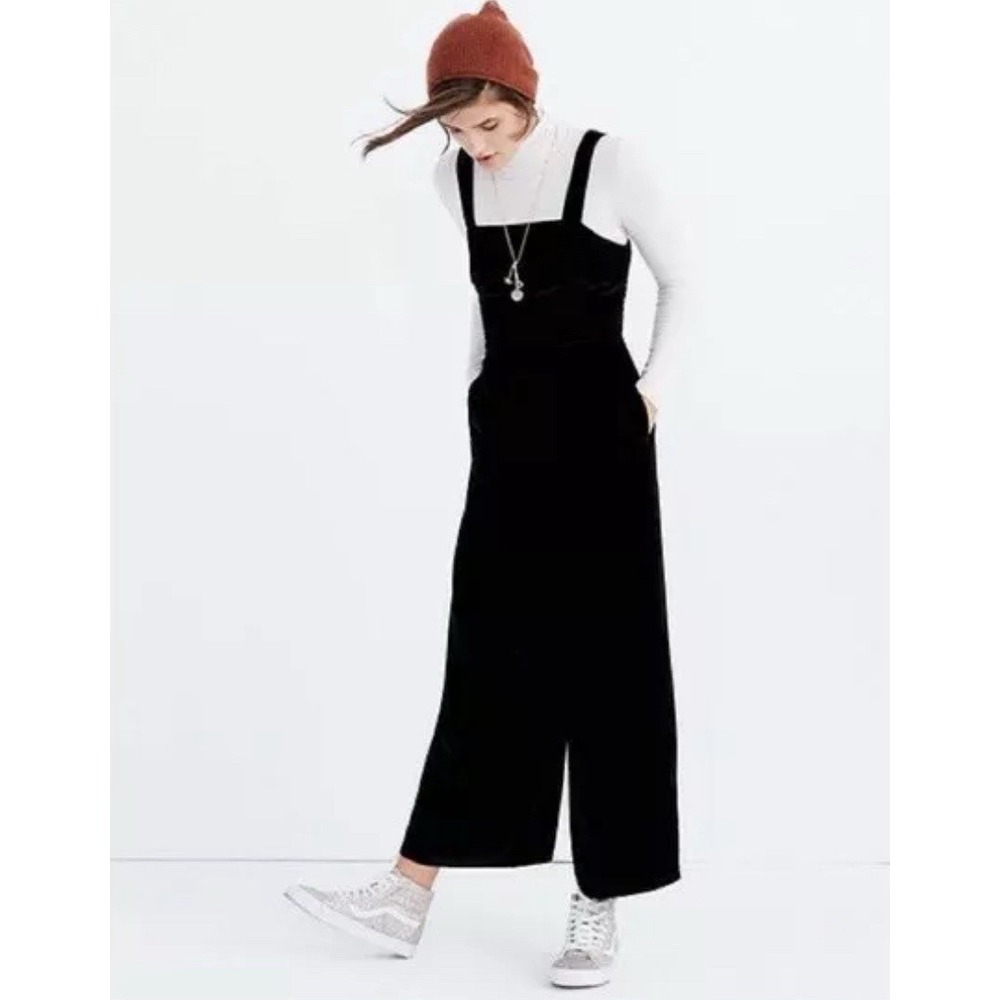 Madewell‎ Crushed Velvet Black Wide Leg Jumpsuit Pockets Size 00 Retail $158